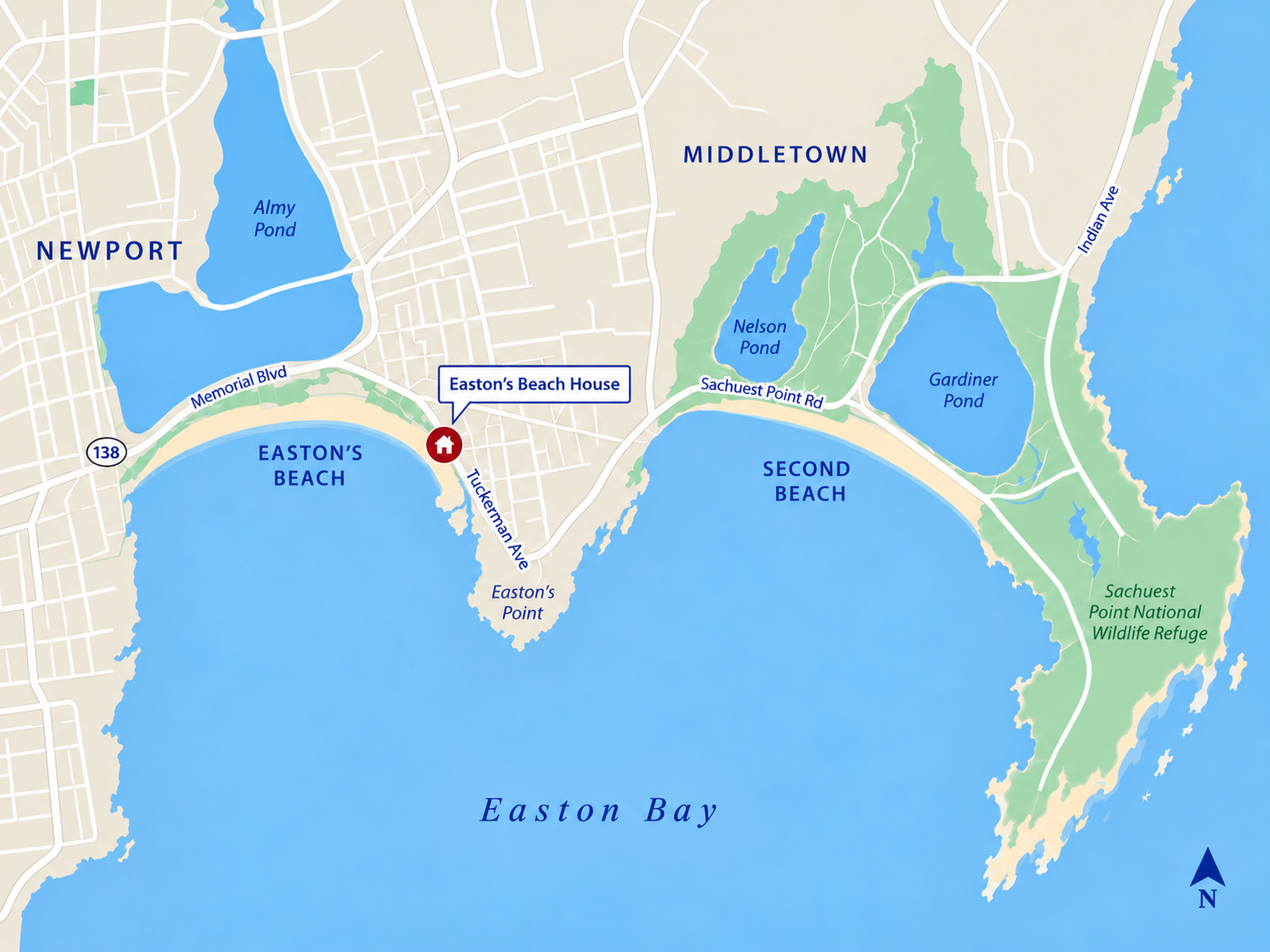 Map showing Easton’s Beach House on Easton’s Point between Easton’s Beach and Second Beach, near Newport and Middletown.